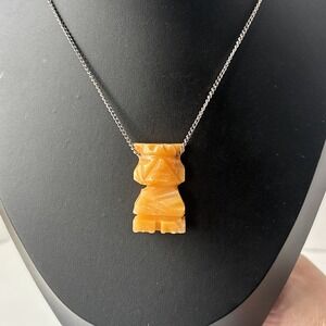 Vintage Mexico Carved Orange Onyx Calcite Aztec Warrior Idol Pendant 24"Necklace